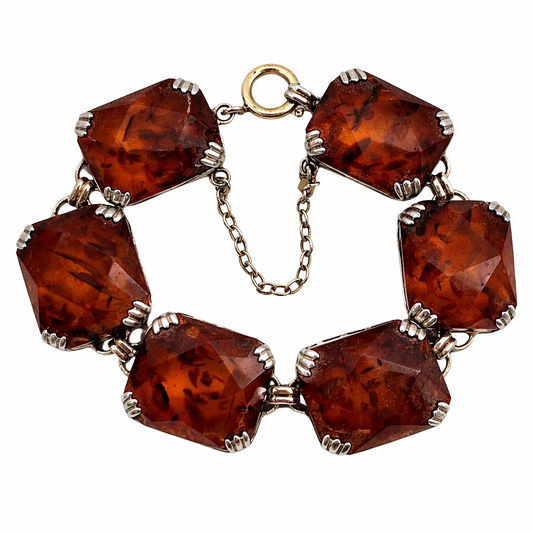 Art Deco sidabro apyrankė su Baltijos gintaru